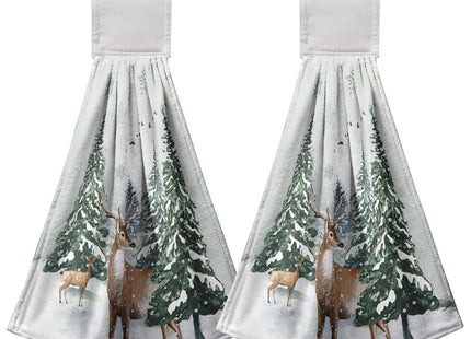 Cneztholim Winter Deer Hand Towels with Hanging Loop Pine Tree Snowflake Tie Towel 2Pcs Snow Hanging Kitchen Towels Decorative Tea Towel Soft Absorbent Washcloth for Home Bathroom Decor