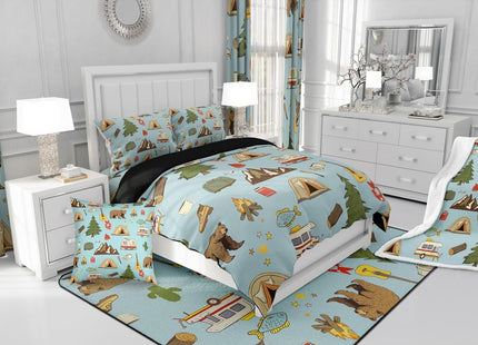 Camper Bedding for Travel Trailers Bunk, Happy Camping Comforter Set for Kids Boys Girls, Pine Tree Bear Duvet Insert, Camper Accessories Bedding Comforter Sets, Travel Car Down Comforter, 2Pcs Twin