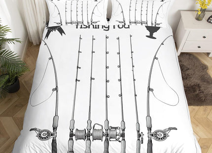 Erosebridal Fishhook Duvet Cover Set Full Size Fishing Bedding Set Fish Hook Equipment Pattern Comforter Set,Boys Modern Quilt Cover for Girls Teen Adult Luxury Microfiber Bed Decorative White Gray