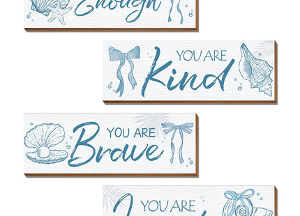 Riletese 4 Pcs Blue Coastal Wall Decor, Positive Affirmations Wall Art Decor, Inspirational Wooden Signs, Beach Boho Bow Wall Art Hanging Plaques, Perfect for Girls Bedroom, Bathroom, Living Room