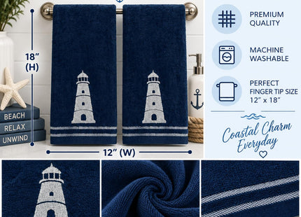 Coastal Guest Navy Fingertip Hand Bathroom Towels, White Lighthouse, 12x18"