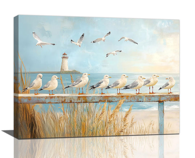 Olivine Beach Wall Art, Coastal Seagull Lighthouse Pictures Wall Decor, Nautical Canvas Prints Painting, Framed Artwork for Living Room Bathroom Bedroom Office Home Decoration 16''x12''