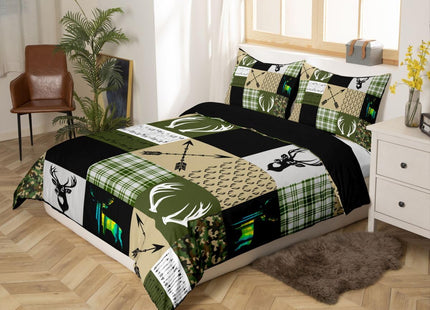 Erosebridal Woodland Animal Duvet Cover King, Deer Moose Wild Animals Comforter Cover, Checked Plaid Patchwork Bedding Set, Arrow Army Green Marble Texture Quilt Cover Western Farmhouse Decor
