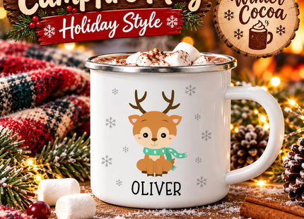 Andaz Press Kids Personalized Cute Snowflake Christmas Animals 11oz. Stainless Steel Campfire Hot Chocolate Mug, Baby Reindeer Custom Name 1-Pack, For Children, Christmas Ideas Xmas Campfire Mugs