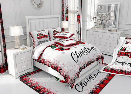 Christmas Truck Pine Tree Comforter Set Queen Size for Kids Girls Boys,Merry Christmas Bedding Set White Black Red Snowflake Patchwork Plaid Quilt Set Geometric Grid Duvet Insert,2 Pillowcases