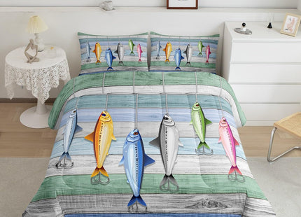 Fish Pattern Duvet Insert Twin,Kids Fish Hook Fishing Bedding Set for Boys Girls,Rustic Farmhouse Comforter Set for Bedroom Decor,Western Style Wood Barn Door Quilted Comforter with 1 Pillow Sham