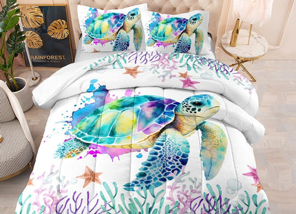 Watercolor Sea Turtle Comforter Set Queen, Tie Dye Ink, 2 Pillowcases