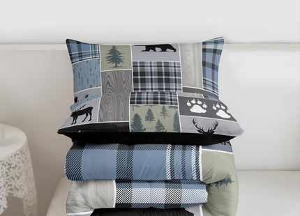 Rustic Patchwork Comforter Set, Checkered Buffalo Plaid Bedding Set For Kids Teens Adult, Woodland Wildlife Bear Moose Elk Pine Trees Pattern Printed Duvet Sets Farmhouse Decorations, Twin Size
