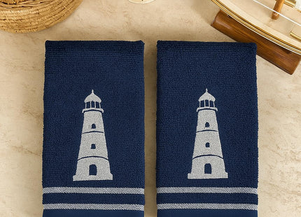 Coastal Guest Navy Fingertip Hand Bathroom Towels, White Lighthouse, 12x18"