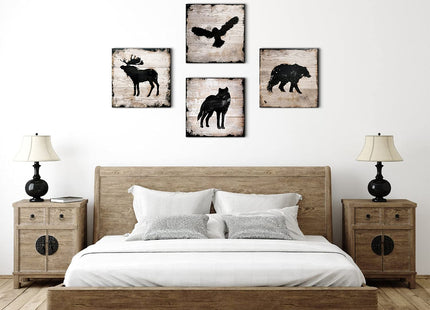 Rustic Animals Silhouette Cabin Wall Decor Wildlife Wall Art Woodland Nursery Bear Pictures for Living Room Farmhouse Moose Wolf Eagle Deer Poster Canvas Artwork Bedroom Lodge Home Decoration 12x12 4P
