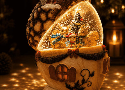 Christmas Pinecone Snow Globe Lantern with 6 Hours Timer, 3 AAA Battery Operated Glittering Water Globe, Lighted Squirrel Family Snow Globes for Xmas Mantel Tabletop Shelf Holiday Decorations Gifts