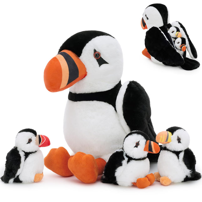 BENINY 4Pcs Puffin Stuffed Animal Set, 13.7 Inch Mommy Puffin with 3 Babies