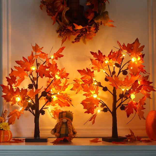 YEAHOME Fall Decorations for Home, 2 Pack 24”/2FT Lighted Fall Maple Leaves Tree with Warm White LEDs Autumn Decor, Pine Cone, Acorn Ornaments Battery Powered Timer for Thanksgiving