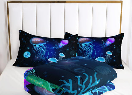 AILONEN Jellyfish Printed Twin Size Comforter Set for Boys Girls Kids,3 Pieces Ocean Animal Theme Bedding Set,Blue Ocean Starry Bed in a Bag Quilt with 2 Pillowcases