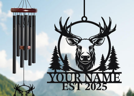 WindWink Personalized Customize Name Moose Wind Chime, Metal Iron 37 Inch Outdoor Memorial Gift for Garden Yard Patio Home Decor, Black (Style D)