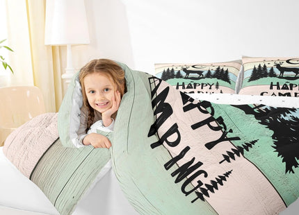 Kids Happy Camping Comforter Set Twin,Cute Deer Camper Bedding Set Rustic Farmhouse Woodland Animal Comforter For Boys Girls Old Barn Door Quilted Duvet Star Moon Pine Tree Decor 2 Pcs Black Green