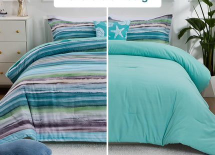 Holawakaka Beach Stripe Bedding Sets 6 Pieces, Aqua Coastal Striped Comforter Set King Size All Season Geometric Bed Set, Nautical Bed in a Bag with Comforter, Sheets and Shams
