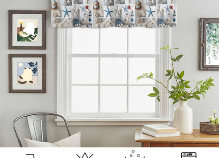 Nautical Valance Curtain for Window,Coastal Lighthouse Starfish Collage Plaid Rod Pocket Kitchen Valances Short Curtain Panel Summer Beach Conch Window Treatment Drape for Bathroom/Bedroom/Cafe