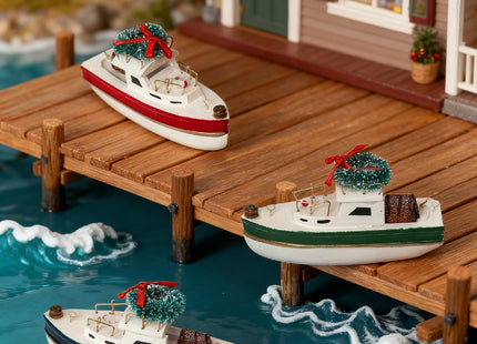 NAUTIMALL Christmas Hanging Lobster Boat Ornaments, 4 Inch Wooden Nautical Ship Decorations, White and Red/Green/Navy, Set of 3, Sailboat Decor