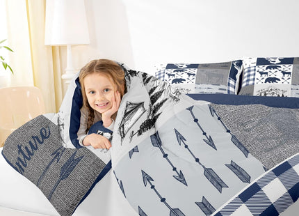 Erosebridal Camping Down Comforter for Kids, Deer Bear Comforter Set Queen Size Rustic Buffalo Plaid Patchwork Bedding Set for Teens Adult Bedroom, Lodge Woodland Wildlife Duvet Sets, Grey Blue
