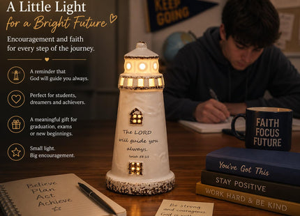 DAILYBREAD Christian Lighthouse Lamp – Small Ceramic Night Light with Bible Verse, Inspirational Faith Gift for Kids, Students,Baptism,Birthday,Journey,Warm Light Up Decor for Bed Room or Desk 5" H