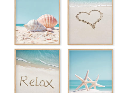 Boat Wades Beach Seashell Starfish Unframed Wall Art Prints,Coastal Posters & Prints For Living Room Home Decor,Blue Ocean Theme Posters Pictures 8x10 Set Of 4