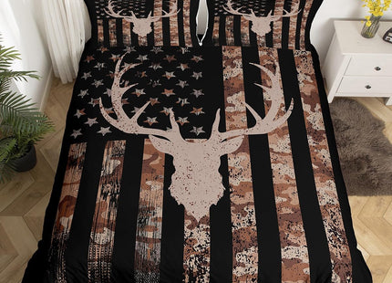 Deer Antlers Kids Camo Duvet Cover Set Twin Size,American Flag Stripe Retro Bedding Set,Boys Adults Xmas/Cabin/Camper Decor,Animal Hunt Rustic Comforter Cover,Brown Farmhouse Quilt Cover,1 Pillowcase