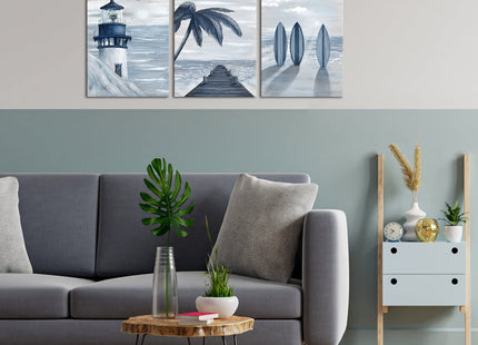 HOMEOART Blue Beach Wall Art Prints Ocean Pier Coastal Dock Seascape Lighthouse Painting Nautical Theme Framed Stretched Artwork Living Room Home Wall Decor 12"x16"x3 pcs
