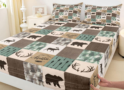 Rustic Patchwork Sheet Set, Bear Moose Fitted Sheet Twin For Kids Boys Teens Adult, Farmhouse Hunting Deer Bed Sheet Boho Arrows Buffalo Plaid Flat Sheet 3 Pieces With 1 Pillow Case, Brown Green