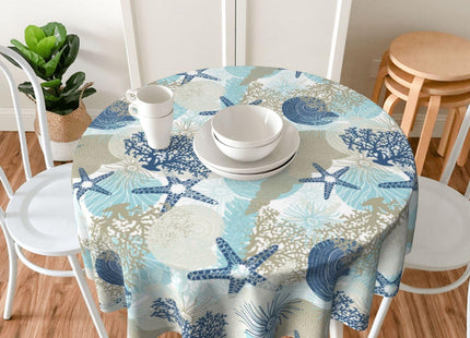 BYONEESS Summer Nautical Coastal Tablecloth Round 60 Inch Beach Starfish Ocean Coral Seashell Printed Table Cloths Circular Table Cover for Party Kitchen Dining Picnic Holiday Outdoor Decor
