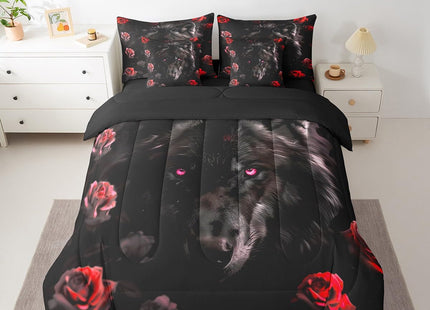 Erosebridal Black Wolf Bed in a Bag Queen Comforter Set 7 Piece,Red Rose Bedding Sets Romantic Flowers Bed Sheets,Wild Woodland Animals Sheet Set with Comforter