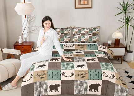 Rustic Patchwork Comforter Set,Bear Moose Bedding Set Queen For Kids Boys