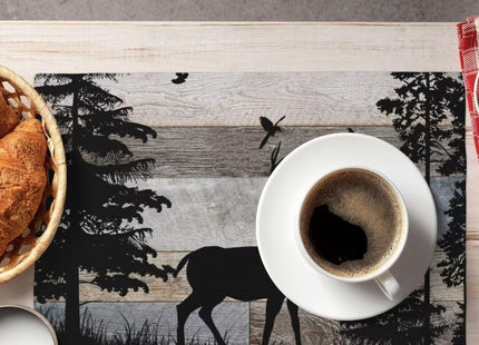 JanJCurt Rustic Deer Placemats, Retro Cabin Country Blue Brown Wooden Board Wild Forest Animals Deer Bird Print Print Placemats for Home Kitchen Dining Dinner Mats, 12x18 Inch, 4PCS