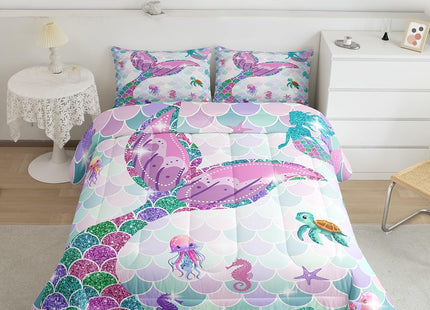 Erosebridal Mermaid Tail Bedding Set,Nautical Sea Animal Kawaii Down Comforter Queen Size,Fish Scale Sparkle Sequins Comforter Set Sea Turtle Octopus Duvet Filler Jellyfish Seahorse Bedroom Decor