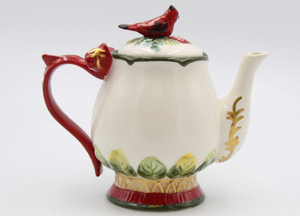Fine Ceramic Evergreen Holiday Red Cardinal with Pine Cones Teapot, 8-1/8" L