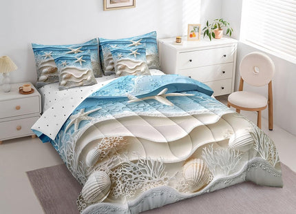 Erosebridal Ocean Beach Twin Comforter Set 7 Piece Coastal Nautical Bedding Set with Sheets Starfish Coral Shell Bed in A Bag for Kids Boys Girls Sea Waves Bed Set Beige Blue Bedroom Decor