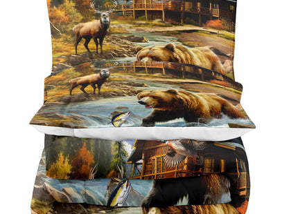 LUVIVIHOME 2PCS Deer Bear Comforter Set Twin Size, Rustic Cabin Bedding, Lake House Country Farmhouse Lodge Wildlife Forest Animal Fish Mallard Duck Hunting Bedroom Decor, Soft Quilt, 1 Pillow Sham