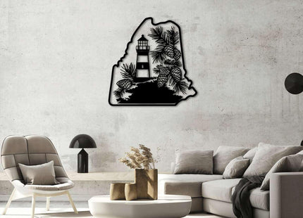 Maine Lighthouse and Pine Cones Metal Wall Art Metal Outdoor Decor Metal Signs Rustic Farmhouse Style Stunning Wall Decor Elegant Home Decoration for Living Room Bedroom (Black,16inch)