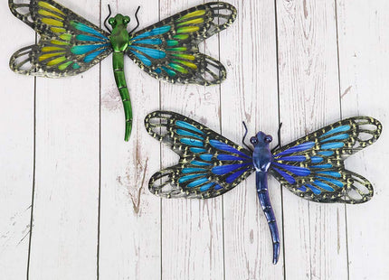 HONGLAND 2Pcs Metal Dragonfly Wall Decor Outdoor Dragonfly Wall Art Glass Sculpture for Home Garden Fence-Blue&Green