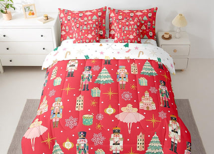 Erosebridal 7Pcs Red Christmas Comforter Set Twin Size,Christmas Nutcracker Bedding Set,Girly Dreamy Princess Bed in A Bag,Xmas Pine Tree Snowflake Quilt with Flat Fitted Sheet,Red