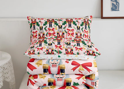 Feelyou Nutcracker Christmas Bow Comforter Set Toddler Size Royal Guarder Duvet Quilt for Kids Girls Xmas Pine Tree Leaves Bedding Set Pink White Soft Warm 1 Pillow Case