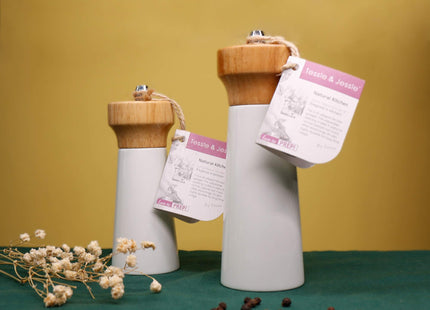Wooden Salt and Pepper Grinder Set, Sustainable Cherry Wood, Elegant Lighthouse Sea Salt Grinder and Black Pepper Mill Set for Seasoning, Cooking, Dining -By Tessie & Jessie (6“+8”)