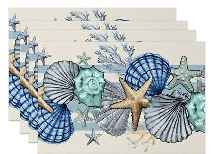 Sea Shell Starfish Beach Placemats Set of 4, 12x18 Inch Seasonal Spring Ocean Coastal Washable Linen Nautical Table Mats for Party Kitchen Dining Decoration