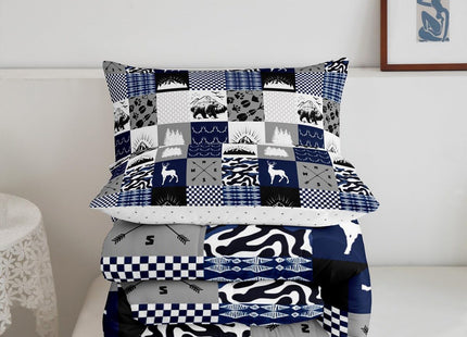 Elk Deer Bear Comforter Set Full Blue Camouflage Quilt for Boys Girls,Woodland Wild Animals Bedding Set Reindeer Camo Patchwork Duvet Insert,Retro Lodge Cabin Country Farmhouse Decor