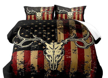LUVIVIHOME 3PCS Deer Skull Comforter Set King Size, Patriotic American Flag Comforter, 4th of July Independence Day Hunter Elk Moose Wildlife Cabin Country Rustic Hunting Bedding Quilt, 2 Pillow Shams