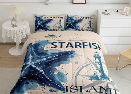 Feelyou Kids Starfish Beach Comforter Set Coastal Beach Ocean Bedding Set for Boys Teens Decor Teal Blue Comforter Ocean Marine Duvet Set Bedroom 3Pcs with 2 Pillow Case King Size