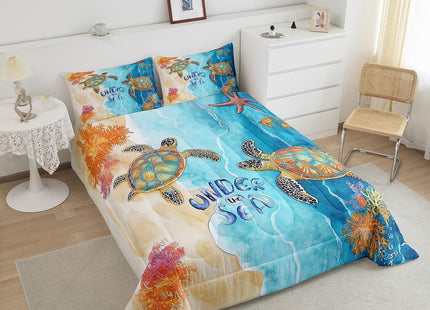 Sea Turtle Comforter Set Twin for Boys Girls Ocean Theme Bedding, Blue Marble Bedding Comforter Sets Kids Teens Sea Animal Sea Horse Crab Starfish Duvet Insert Navigation Theme Quilt 2 Pcs