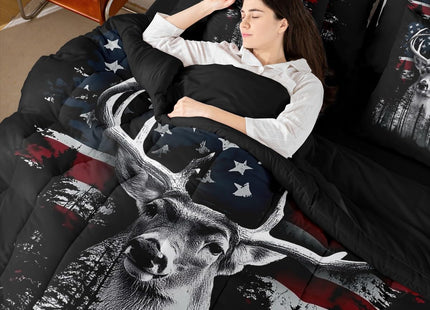 Erosebridal Antlers Hunting Twin 7 Pcs Bedding Set for Boys, Retro Moose Deer Comforter Set with Sheets American Flag Bed in A Bag for Men Adults Bedroom, Rustic Farmhouse Western Wildlife Bed Sets