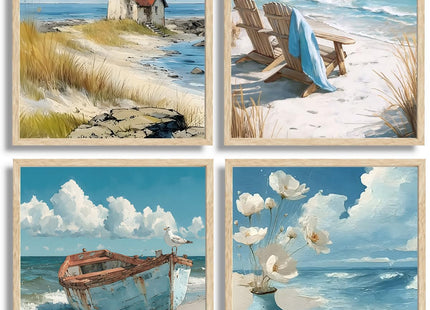 4Pcs Blue Coastal Wall Art Ocean Bathroom Wall Decor Pictures Lighthouse Boat Chair Flower Canvas Poster Prints for Bedroom Bathroom Home Office Decoration Unframed