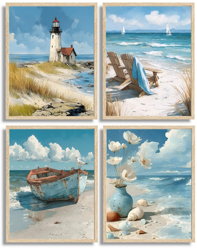 4Pcs Blue Coastal Wall Art Ocean Bathroom Wall Decor Pictures Lighthouse Boat Chair Flower Canvas Poster Prints for Bedroom Bathroom Home Office Decoration Unframed